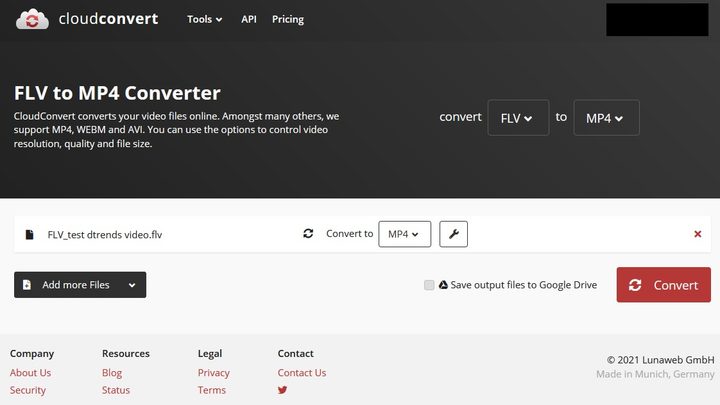CloudConvert FLV conversion screenshot