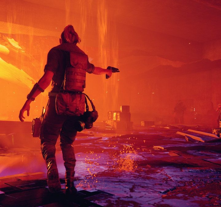 A soldier in a colorful construction area.