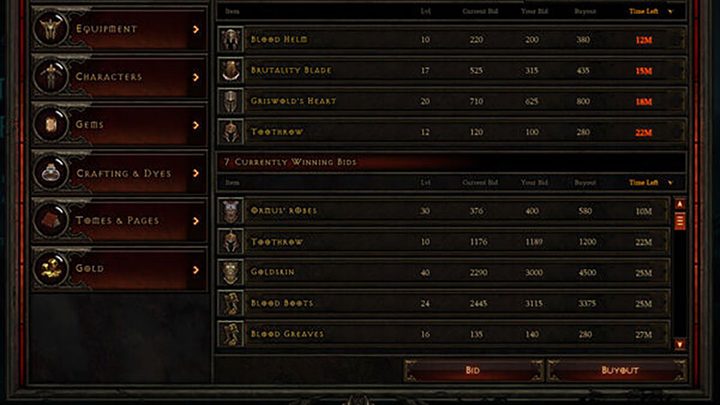 The Diablo 3 Auction House interface