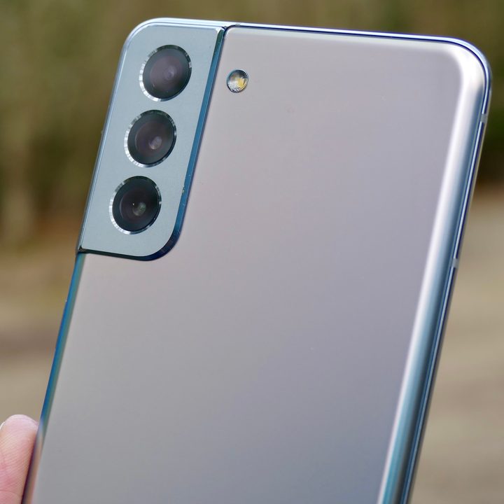 The back of the Samsung Galaxy S21 Plus. The three camera lenses are clearly visible.