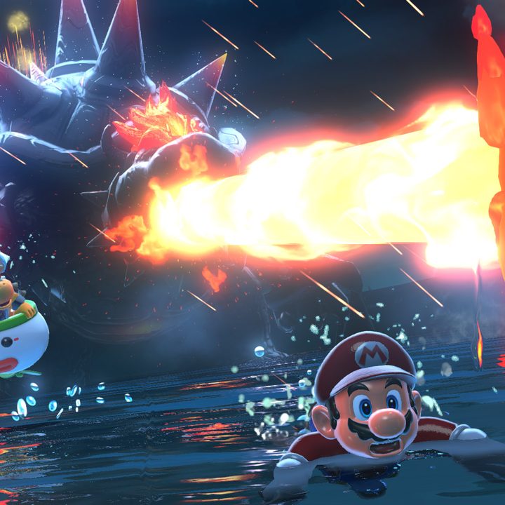 Mario escapes a fire-breathing Bowser in Bowser's Fury.