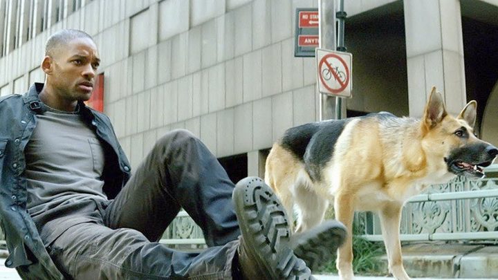 Robert Neville lying on the floor next to a German Shepherd in I Am Legend.