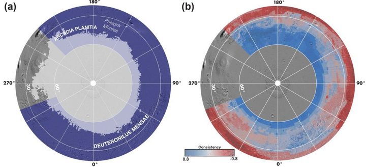Two views of the northern hemisphere of Mars (orthographic projection centered on the north pole), both with a grey background of shaded relief. On the left, the light grey shading shows the northern ice stability zone, which overlaps with the purple shading of the SWIM study region. On the right, the blue-grey-red shading shows where the SWIM study found evidence for the presence (blue) or absence (red) of buried ice. The intensity of the colors reflect the degree of agreement (or consistency) exhibited by all of the data sets used by the project.