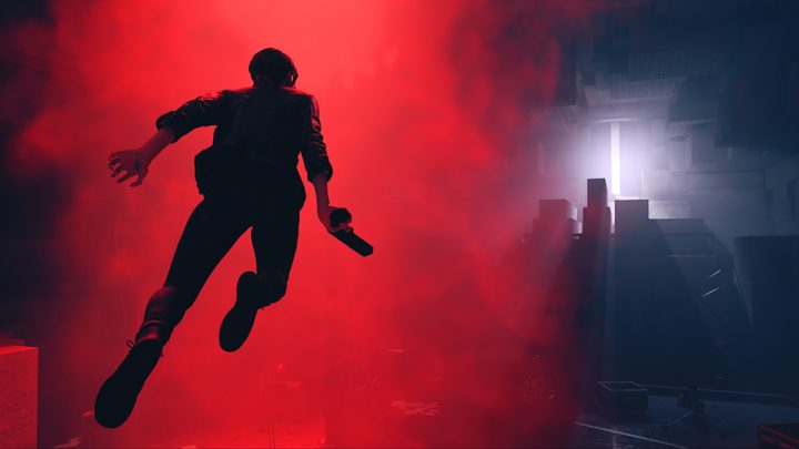 Jesse Fayden flying through red mist in Control.