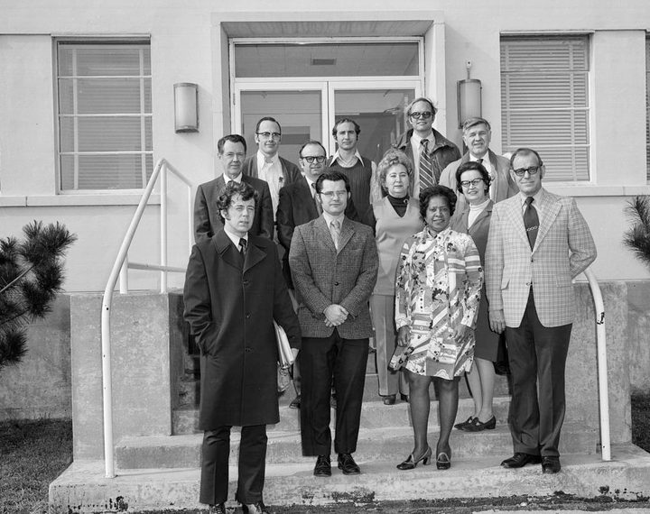 In this image from February 1974, Mary W. Jackson (second from right in front) is shown with her colleagues in the High Speed Aircraft Division at the Langely Research Center in Virginia. Jackson worked in the Theoretical Performance Group, High Speed Aircraft Division, Office of Director for Aeronautics.