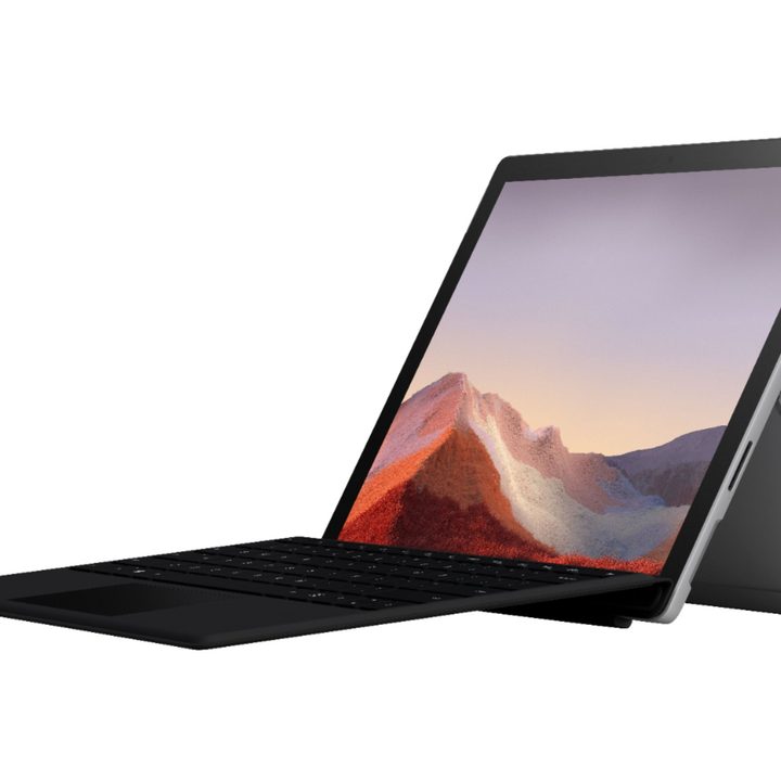 The Microsoft Surface Pro 7 in laptop form through the attached Type Cover.