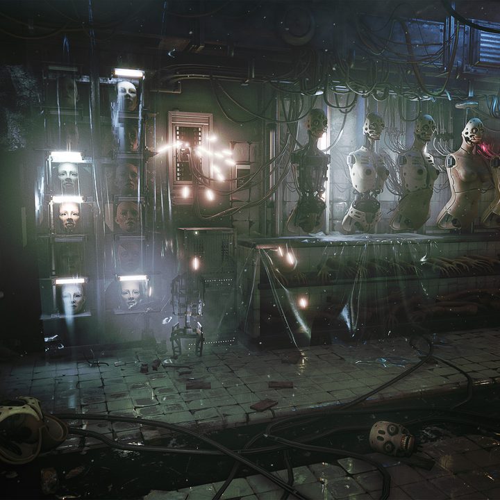 A row of robotic torsos in a dingy lab.
