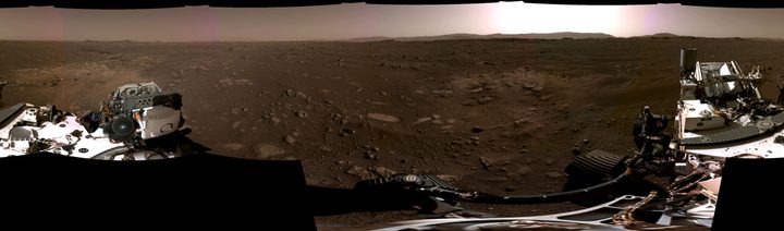 This panorama, taken on Feb. 20, 2021, by the Navigation Cameras, or Navcams, aboard NASA’s Perseverance Mars rover, was stitched together from six individual images after they were sent back to Earth.