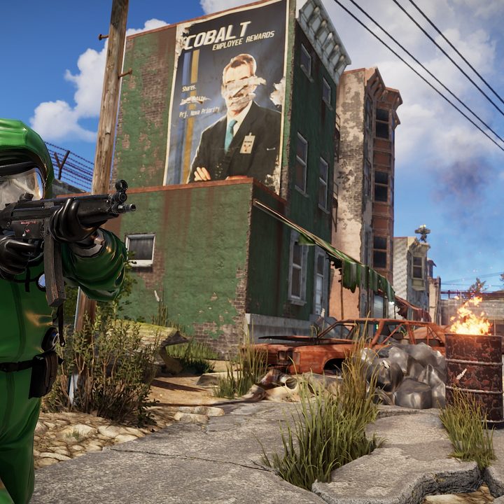 Rust player running by buildings.