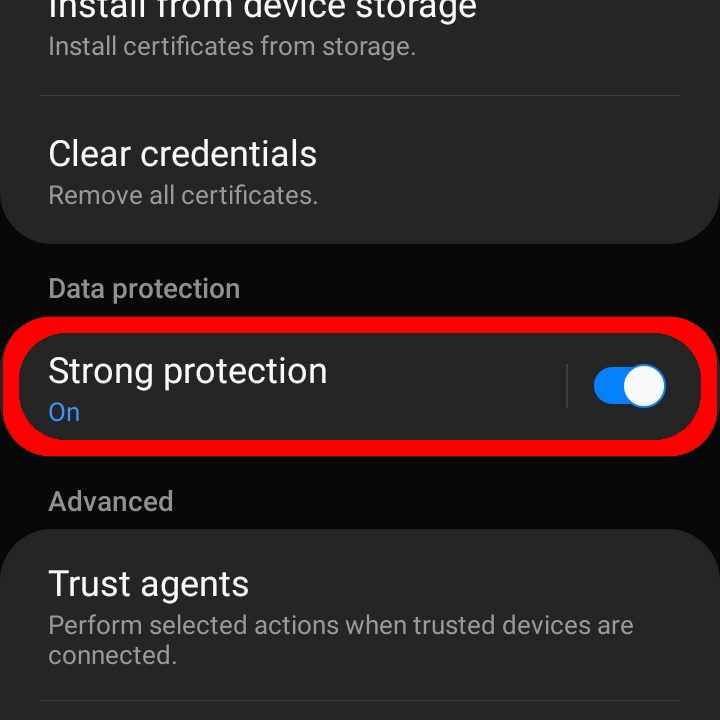 Samsung Android 10 Use Strong Protection