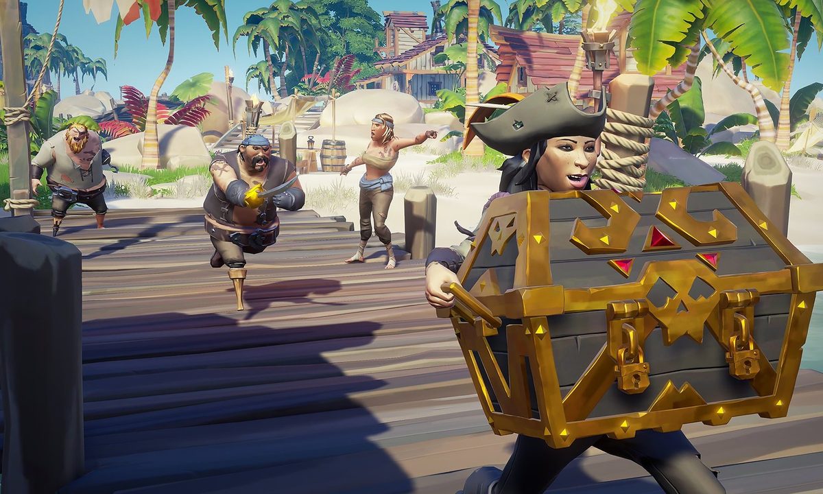 A pirate running with a chest in Sea of Thieves.