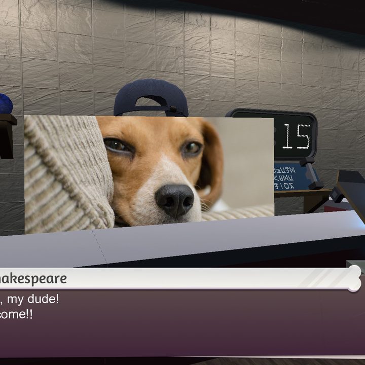 The dog Chad Shakespeare welcomes the player.