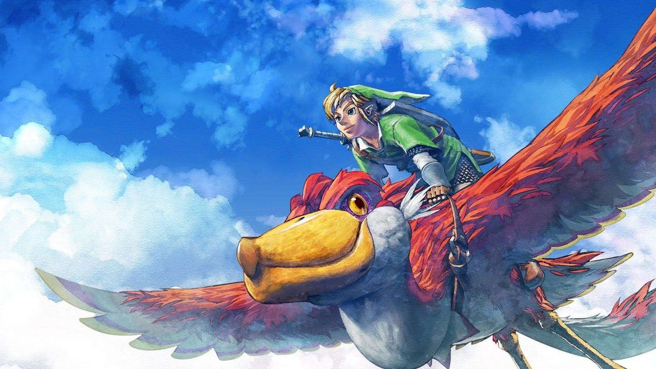 Link riding a rid bird in the sky.