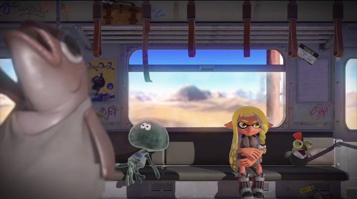 An inkling sitting on a bench.