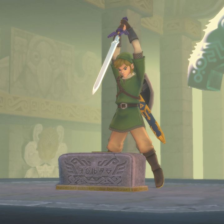 Link pulling a sword from a stone.