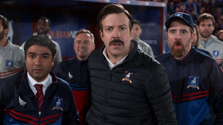 Jason Sudeikis as the title character in Ted Lasso on Apple TV+.