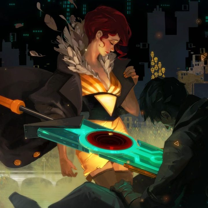 A scene showing the main character, Red, in Transistor on iOS.