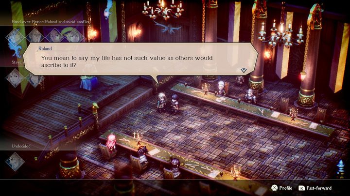 Two characters talking in a hall.
