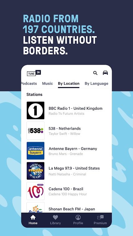 A promotional shot of TuneIn Radio, showing how many radio stations it has.