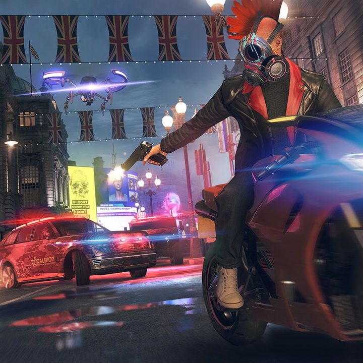 A punk wearing a gas mask on a motorcycle shooting at pursuing cops.