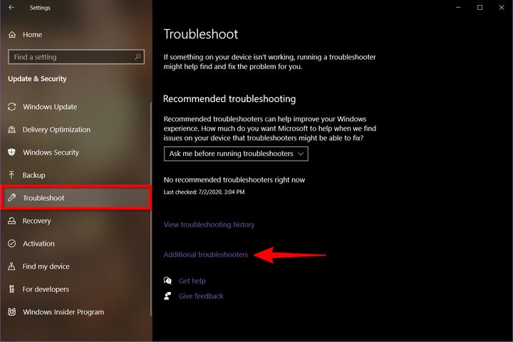 Windows 10 Additional Troubleshooters