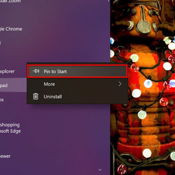 Windows 10 Pin Tile to Start.