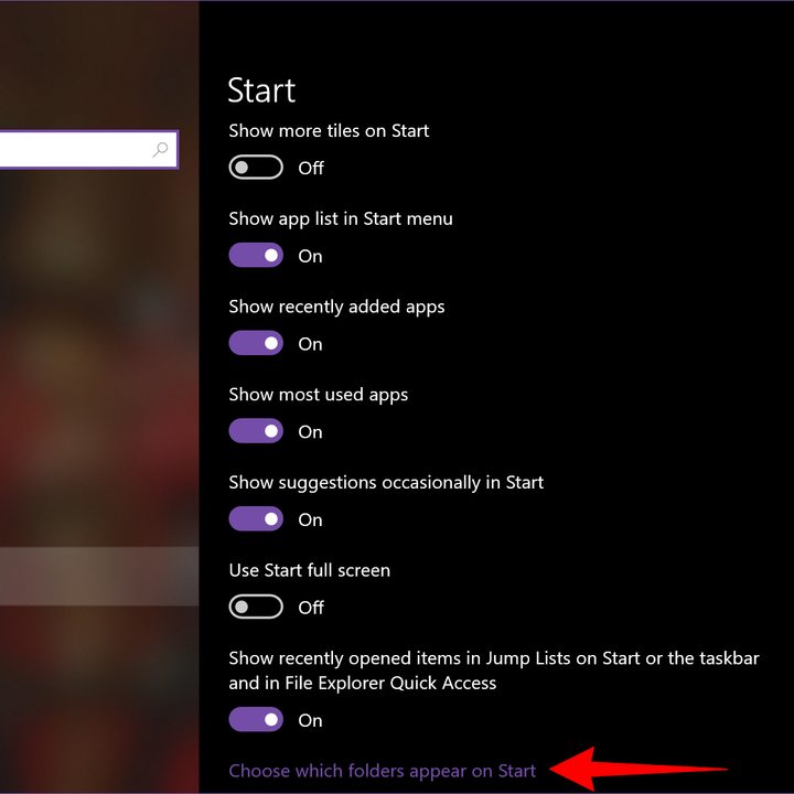 Windows 10 Start Menu Choose Folders.