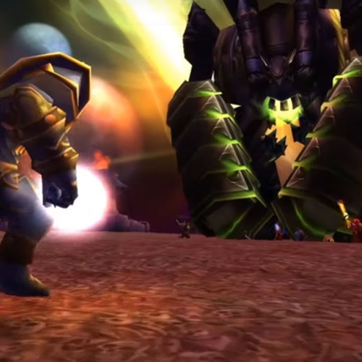 A player avatar charging at the Fel Reaver from World of Warcraft: The Burning Crusade