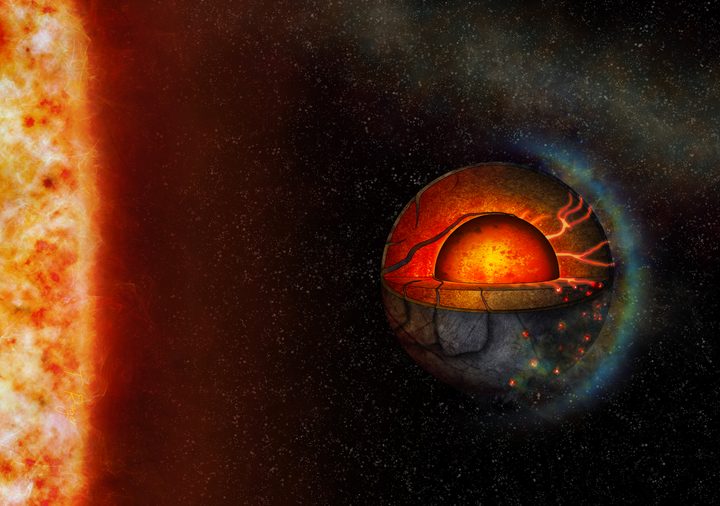 This artist&rsquo;s illustration represents the possible interior dynamics of the super-Earth exoplanet LHS 3844b. The planet's interior properties and the strong stellar irradiation might lead to a hemispheric tectonic regime.