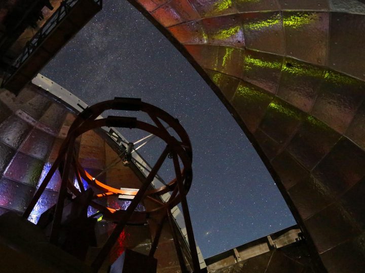 This photo shows the view from inside the dome of NASA&rsquo;s Infrared Telescope Facility during a night of observing. The 3.2-meter (10.5-foot) telescope atop Hawaii&rsquo;s Mauna Kea will be used to measure the infrared spectrum of asteroid 2001 FO32. 
