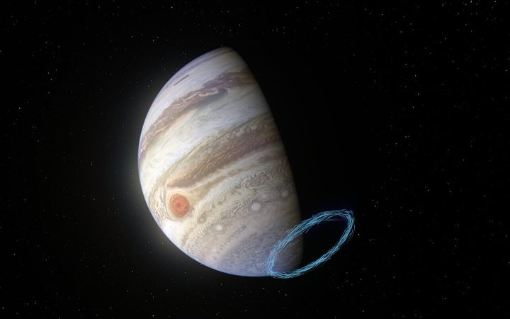 This image shows an artist’s impression of winds in Jupiter’s stratosphere near the planet’s south pole, with the blue lines representing wind speeds.