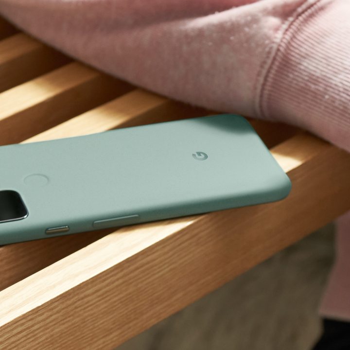 Google Pixel 5 face down on table.