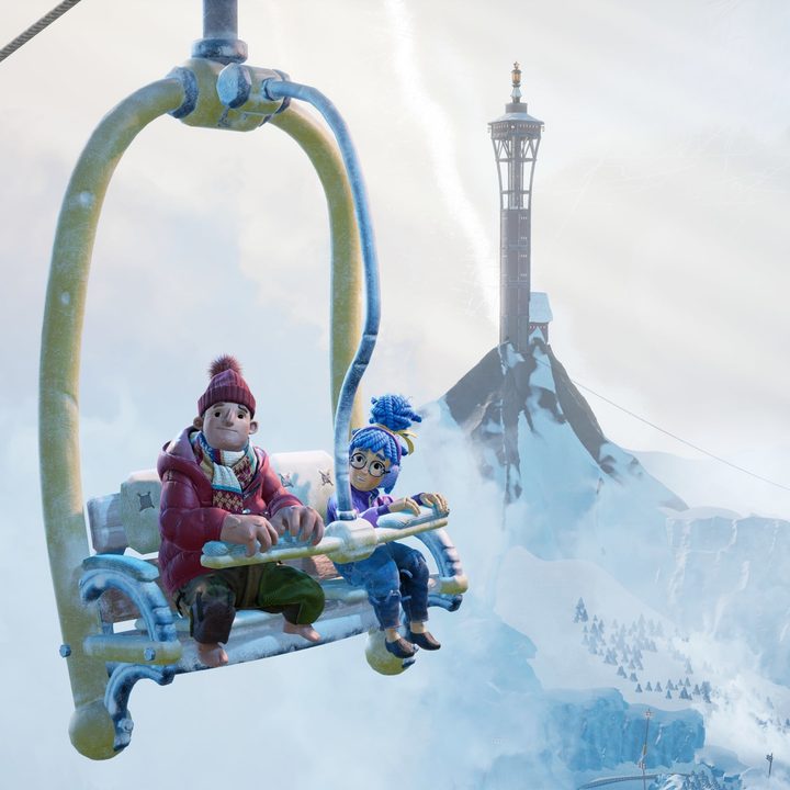 It Takes Two characters on a ski lift.