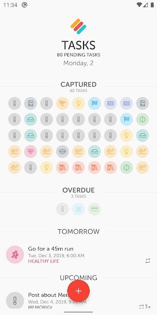 Memorigi app showing Tasks.