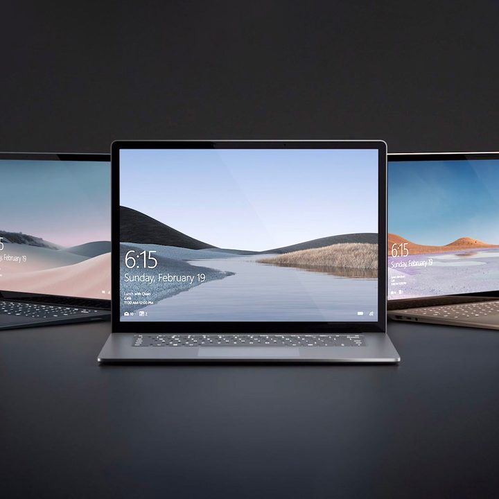 The Microsoft Surface Laptop Go collection, with three laptops displaying landscapes on their screens.