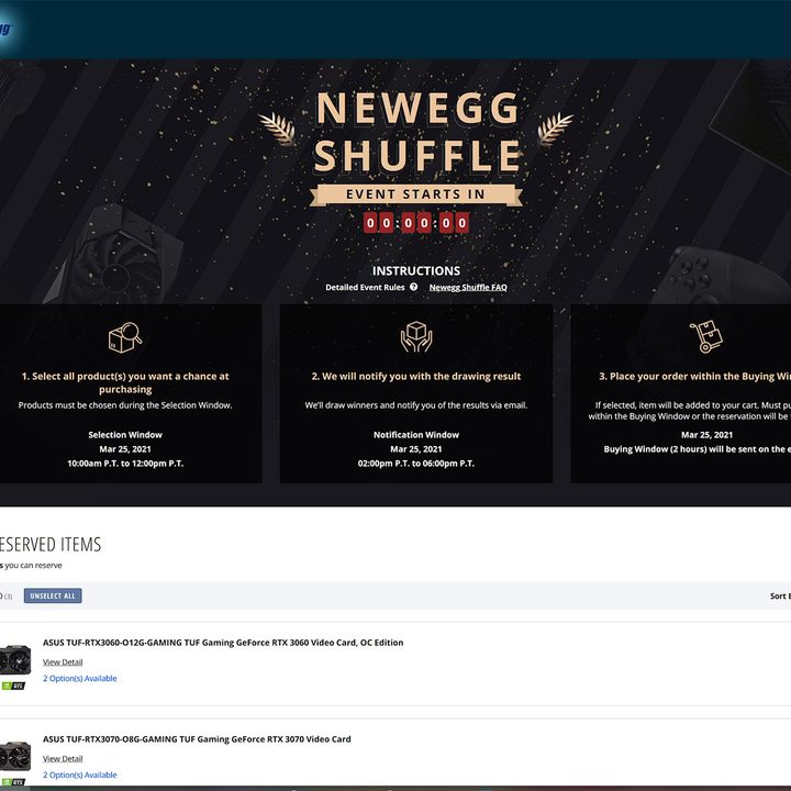 Newegg Shuffle raffle webpage.