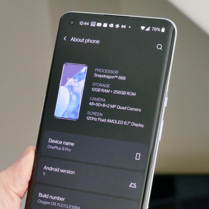 A OnePlus 9 Pro showing the "about phone" information.