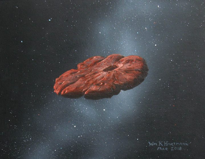 This painting by William K. Hartmann, who is a senior scientist emeritus at the Planetary Science Institute in Tucson, Arizona, is based on a commission from Michael Belton and shows a concept of the ‘Oumuamua object as a pancake-shaped disk