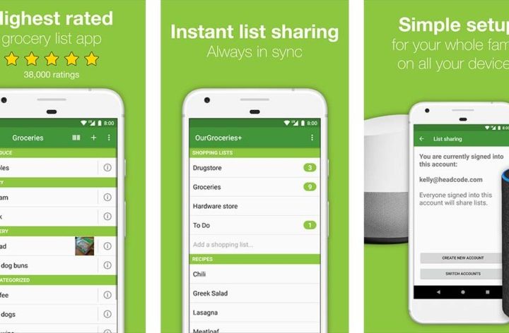 Screenshots of the Our Groceries app.