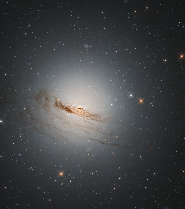This unusual lenticular galaxy, which is between a spiral and elliptical shape, has lost almost all the gas and dust from its signature spiral arms, which used to orbit around its center. Known as NGC 1947, this galaxy was discovered almost 200 years ago by James Dunlop, a Scottish-born astronomer who later studied the sky from Australia. NGC 1947 can only be seen from the southern hemisphere, in the constellation Dorado (the Dolphinfish).