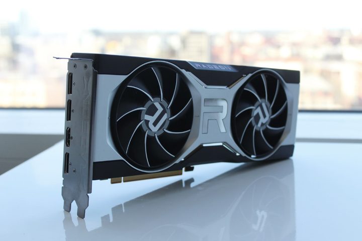 The AMD RX 6700 XT sitting on a table.