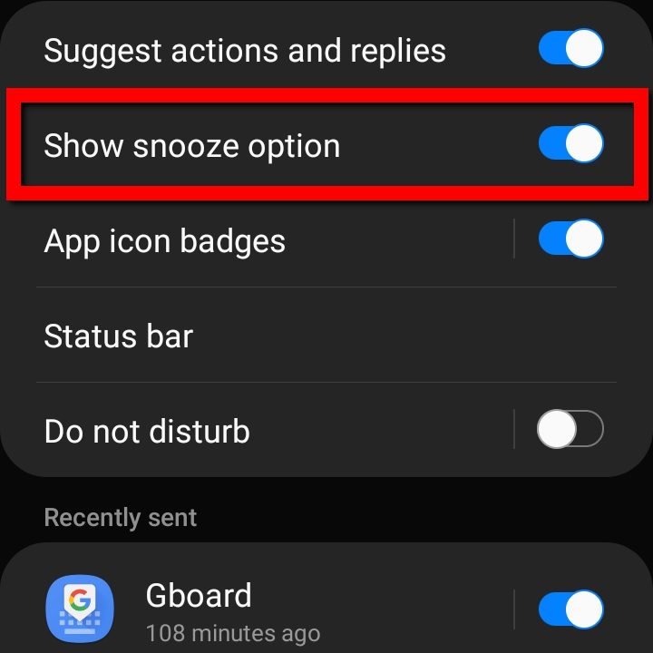 Samsung Android 10 Show Snooze Option