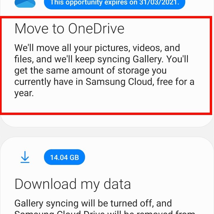 Samsung Cloud move data to OneDrive