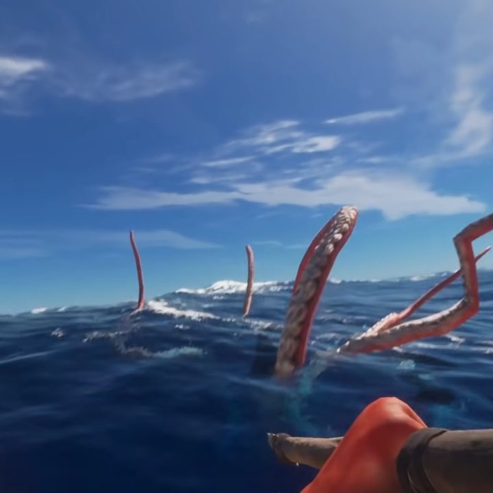 A man on a raft fighting a giant squid.