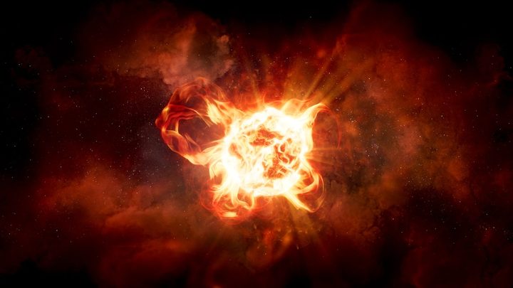 This artist's impression of hypergiant star VY Canis Majoris shows the star's vast convection cells and violent ejections. VY Canis Majoris is so large that if it replaced the Sun, the star would extend for hundreds of millions of miles, between the orbits of Jupiter and Saturn.