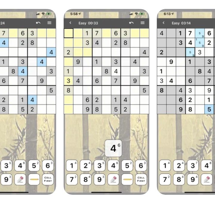 Sudoku by genina.com displays a grid against a nature-themed background.