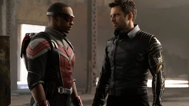 Sam and Bucky looking at each other in The Falcon and the Winter Soldier.