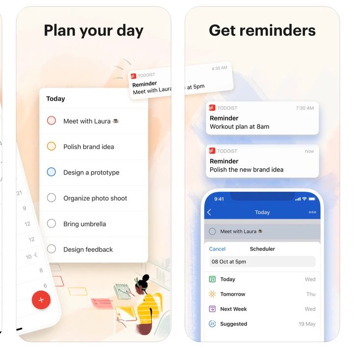 Screenshots of the Todoist app.
