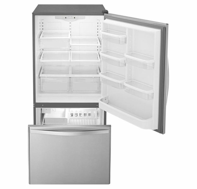 The Whirlpool WRB322DMBM fridge with the door open.