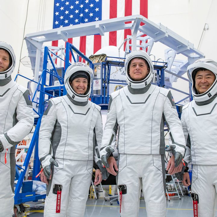 The crew for the second long-duration SpaceX Crew Dragon mission to the International Space Station, NASA’s SpaceX Crew-2, are pictured during a training session at the SpaceX training facility in Hawthorne, California. From left are, Mission Specialist Thomas Pesquet of the (ESA (European Space Agency); Pilot Megan McArthur of NASA; Commander Shane Kimbrough of NASA; and Mission Specialist Akihiko Hoshide of the Japan Aerospace Exploration Agency.